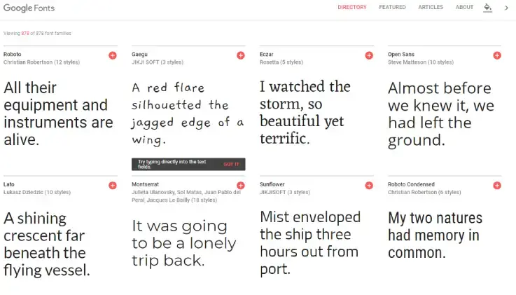 Screenshot van de site van Google Fonts 