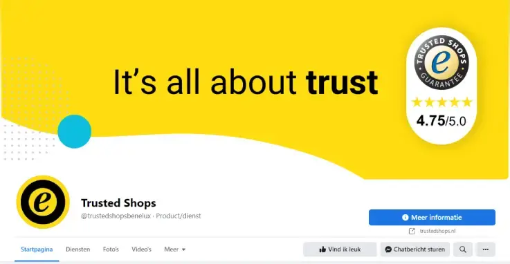 Facebook-cover van Trusted Shops met gele achtergrond, slogan ‘It’s all about trust’, kwaliteitsbadge met beoordeling 4.75/5.0 en het Trusted Shops-logo. Bedrijfspagina met knop ‘Meer informatie’ en navigatiemenu.