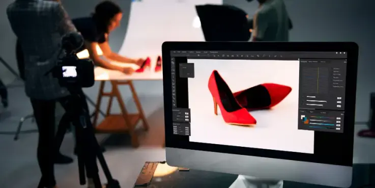 Een fotoshootstudio waar felrode damesschoenen professioneel worden gefotografeerd. Op een computerscherm is de nabewerking van de productafbeelding te zien, met focus op kleurcorrectie en optimalisatie voor een webshop.