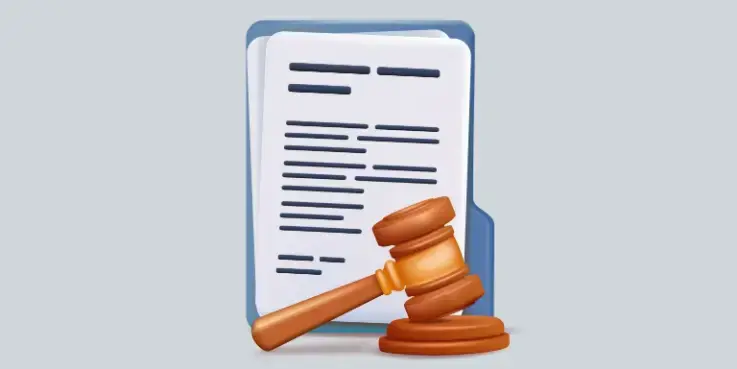 Illustratie van documenten met ervoor een voorzittershamer. Lees het artikel over de wettelijke verplichtingen van webshops betreft documenten