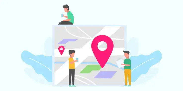 Illustratie van een digitale kaart met grote locatiepin en mensen eromheen, gebruikt om te laten zien hoe Waze‑advertenties fysieke winkels kunnen promoten en winkelbezoek kunnen verhogen.