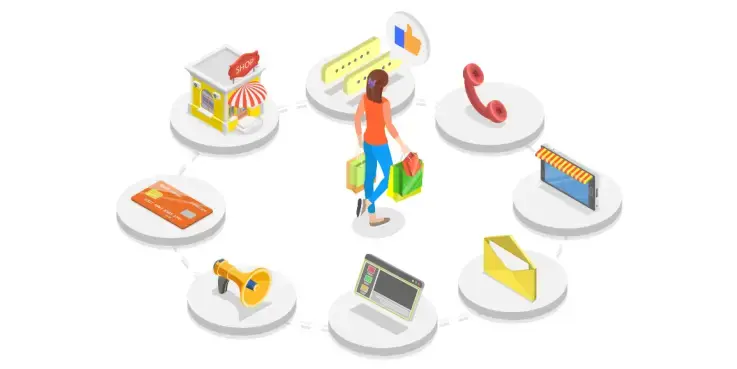 Afbeelding van een vrouw met winkeltassen. Om haar heen zie je symbolen voor omnichannel: een winkel, een telefoon, een creditcard, een envelop etc.