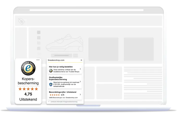 Trusted Shops Trustbadge op een webshop, met keurmerk en kopersbescherming tot €20.000, klantbeoordeling 4,75 sterren en label ‘Uitstekend’, weergegeven naast een online productpagina voor veilig online winkelen.