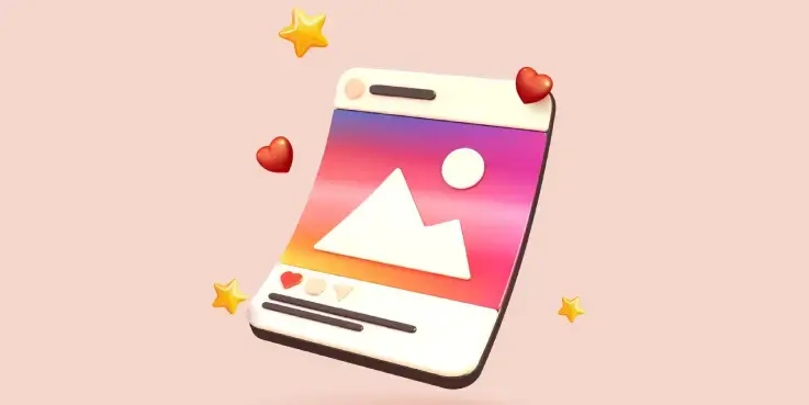 Illustratie van kleurrijke socialmedia‑post met icoon van afbeelding, hartjes en sterren die het effect van visuele contentmarketing op meer online traffic benadrukken.