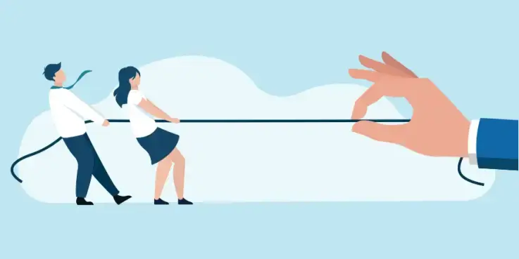 Illustratie van twee mensen die aan een touw trekken. Aan de andere kant is de hand van een gigant