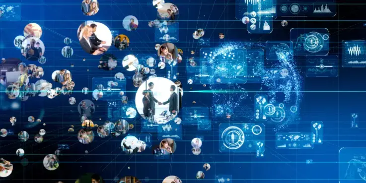 Foto's in bubbels die allemaal met zakelijk netwerken te maken hebben.