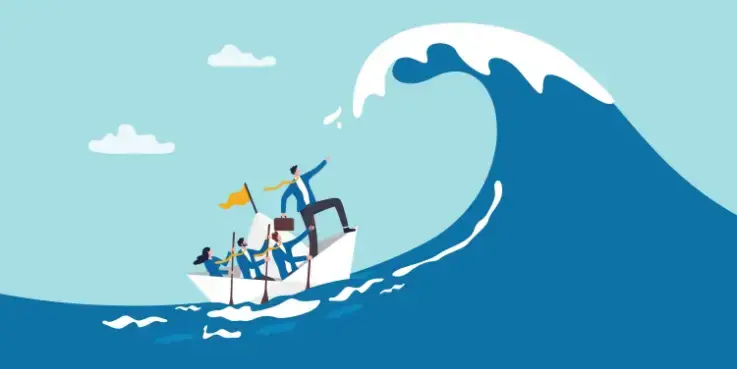 Afbeelding van een bootje met zakenlui die een storm in varen, als een bedrijf dat een crisis bezeild