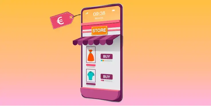 Afbeelding van een winkel op een smartphone met een prijskaartje eraan. Symbool voor het berekenen van de waarde van je webshop.