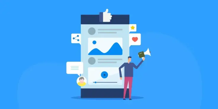 Afbeelding waarop een socialmedia-account zichtbaar is en een poppetje die in een megafoon spreekt, als symbool voor promotie van socialmedia business account promotie