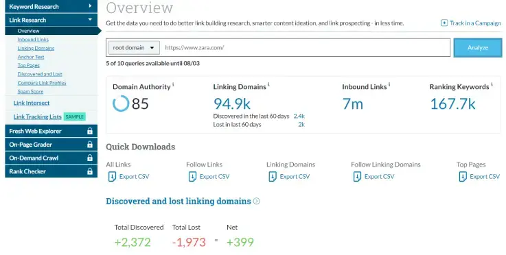 Screenshot van Moz Link Research Overview voor Zara.com met Domain Authority 85, 94,9k linking domains, 7 miljoen inbound links en 167,7k ranking keywords, gebruikt als voorbeeld van hoge domeinautoriteit en sterke SEO-prestaties.