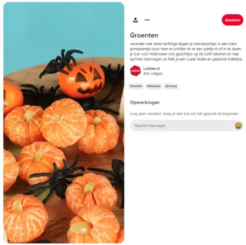 Pinterest-post van Lobbes.nl met mandarijntjes gepresenteerd als kleine pompoenen, met getekende Halloween-gezichtjes en zwarte speelgoedspinnen op een houten plank. Herfstige en Halloween-achtige traktatie met groenten en fruit, geschikt voor kinderen.