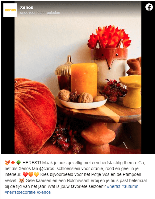 Screenshot van herfst-marketing van Xenos op Facebook