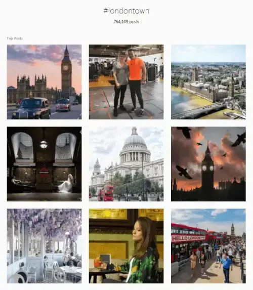 Instagram-overzicht van hashtag #londontown met een grid van populaire posts. Afbeeldingen tonen iconische Londense bezienswaardigheden zoals Big Ben, stadsgezichten, straten en toeristische hotspots, als voorbeeld van hashtaggebruik op social media.