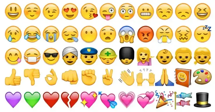 Overzicht van diverse kleurrijke emoji’s, waaronder gezichten, handgebaren, harten en symbolen, gerangschikt in rijen op een witte achtergrond. Toont veelgebruikte emoji’s voor communicatie, social media, marketing en digitale expressie.