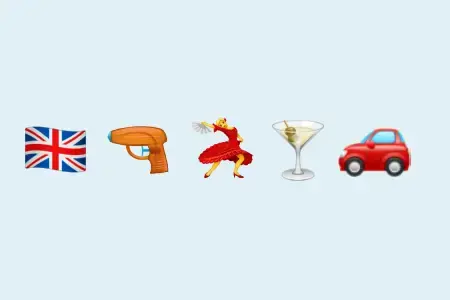 Combinatie van emoji’s op een lichtblauwe achtergrond: Britse vlag, waterpistool, dansende figuur, cocktailglas en rode auto. De reeks symboliseert James Bond en verwijst naar spionage, actie, luxe en de iconische Britse filmreeks.