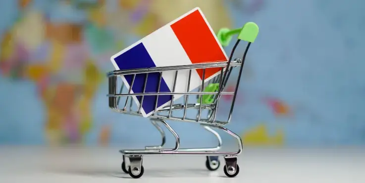 Een winkelwagentje met een Franse vlag erin. Tips voor verkopen in Frankrijk