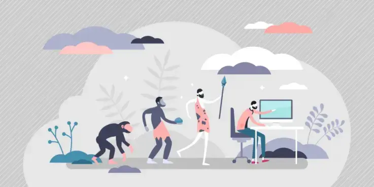 Afbeelding van de evolutie van de mens: van aapachtige tot achter de computer zitten