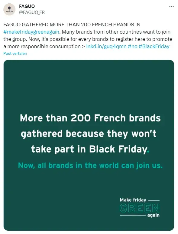 Screenshot van FAGUO op Twitter voor Green Friday