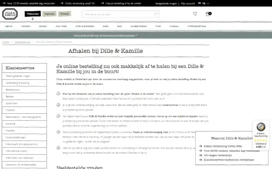 Screenshot van de Dille & Kamille‑webpagina 'Afhalen bij Dille & Kamille' met uitleg over Click & Collect: online bestellen en gratis afhalen in de winkel. Inclusief navigatiemenu, klantenservice en stappen voor afhalen in de winkel.