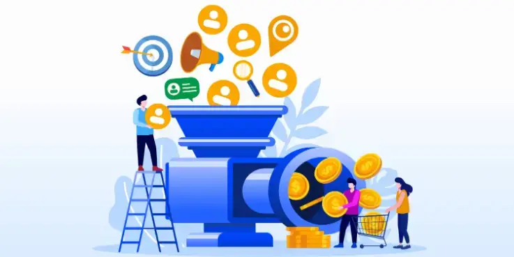 Afbeelding waar social media icoontjes in een machine gaan en er komt geld uit, als symbool voor de ROI berekenen van influencermarketing