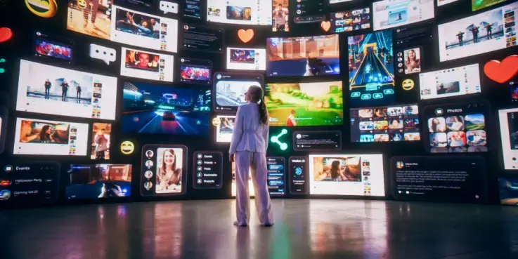 Een vrouw kijkt naar meerdere tv-schermen, alsof het social media-content is