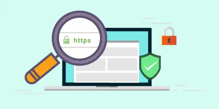 Afbeelding van een laptop en de tekst 'https' erop
