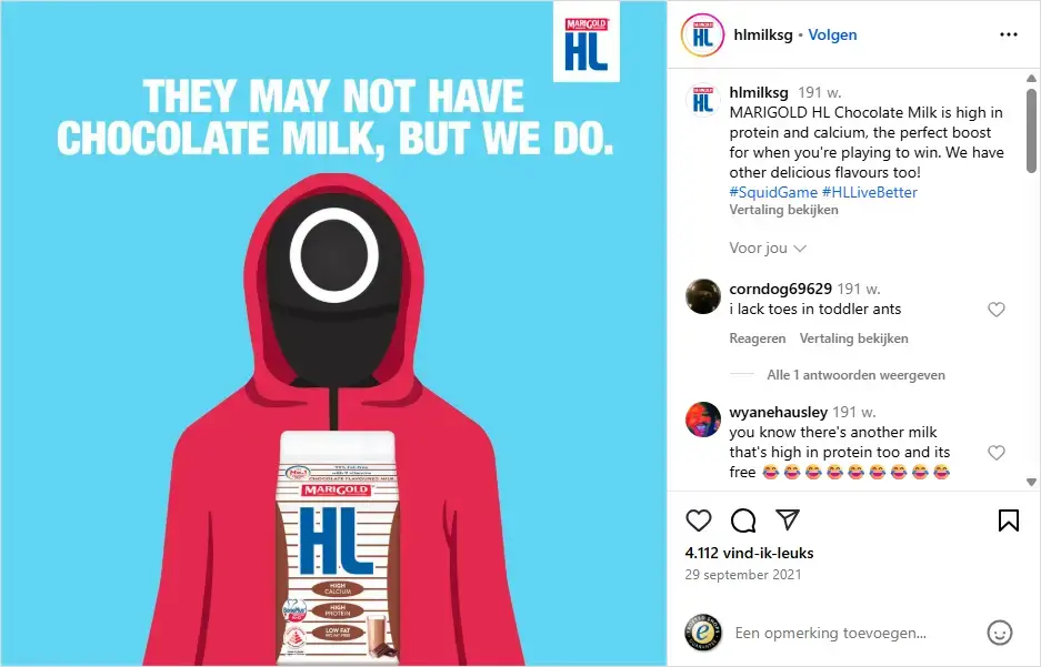Screenshot van Instagram, hlmilksg met een afbeelding van Squid Game