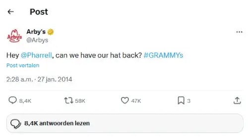 Screenshot van X-post van Arby’s tijdens de Grammy Awards. Bericht met tekst: 'Hey @Pharrell, can we have our hat back? #GRAMMYs'. Voorbeeld van realtime marketing en humoristische inhaker rond de Grammy’s op social media. 