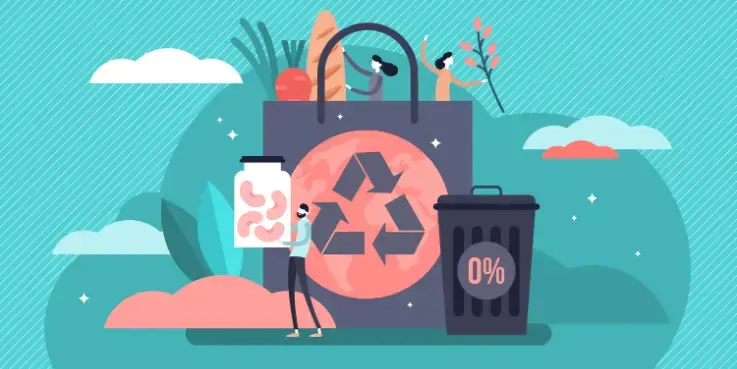 Illustratie van duurzame verpakking met gerecyclede materialen: grote tas met recyclingsymbool, mensen die eco‑producten gebruiken, planten en afvalbak met 0% afval. Beeld benadrukt milieuvriendelijke en circulaire verpakkingsoplossingen.
