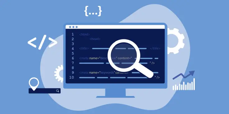 Illustratie van een computerscherm met HTML-code voor metatitel en metabeschrijving, omringd door SEO‑symbolen zoals een vergrootglas, grafiek en instellingen, gericht op het optimaliseren van meta tags voor hogere zoekresultaten.