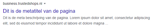 Voorbeeld van een Google‑zoekresultaat met een meta title en meta description, zoals weergegeven voor een pagina van business.trustedshops.nl.