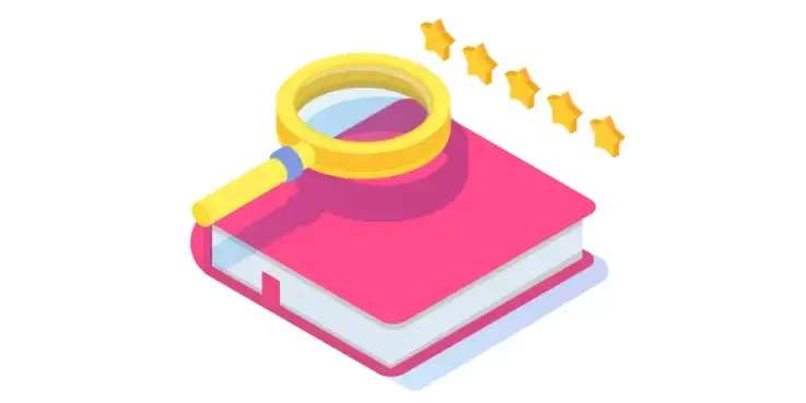 Illustratie van een roze boek met erop 5 gouden sterren en een vergrootglas