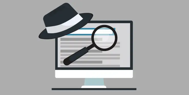 Illustratie van Black Hat SEO: een computerscherm met tekst, een zwarte hoed en een vergrootglas dat dubieuze SEO‑praktijken symboliseert die de zoekmachine‑ranking kunnen schaden.