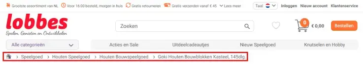 Screenshot van de Lobbes‑webshop met breadcrumb‑navigatie voor speelgoedcategorieën: Speelgoed > Houten Speelgoed > Houten Bouwspeelgoed > Goki Houten Bouwblokken Kasteel, 145dlg.