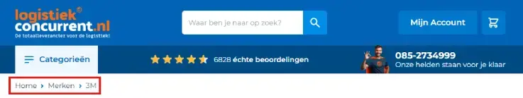Screenshot van de Logistiekconcurrent‑website met breadcrumb‑navigatie: Home > Merken > 3M. De navigatie toont de merkpagina binnen de webshopstructuur.