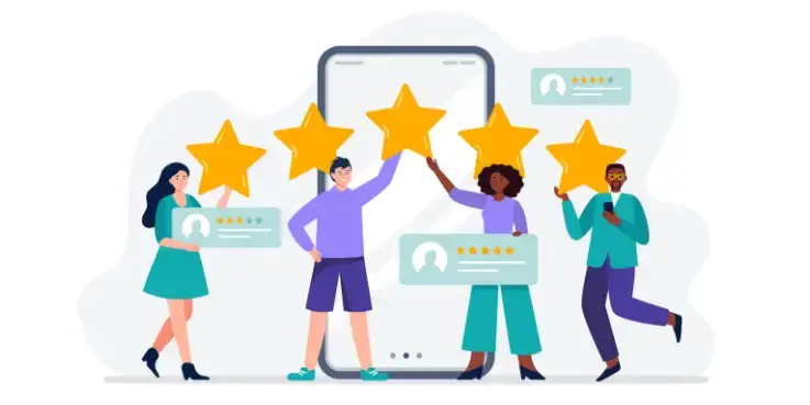 Illustratie van mensen die klantbeoordelingen en sterren presenteren voor social media met een grote smartphone op de achtergrond; promotie van reviews met de Trusted Shops Social Media Creator.