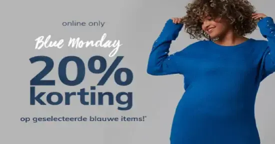 De actie van MS Mode op Blue Monday met de tekst: 'Online only. Blue Monday 20% korting op geselecteerde blauwe items!' en een vrouw met een blauwe trui aan