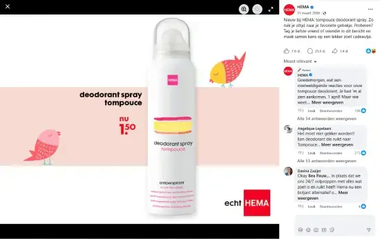 Screenshot van een Facebook-post van HEMA met 1‑aprilhumor: een deodorantspray met tompouce-geur, wit busje met roze en gele accenten, cartoonvogels en de tekst 'deodorant spray tompouce – nu 1,50'. Humoristische socialmedia‑campagne.