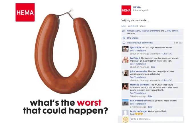 Hema op Facebook, grap voor vrijdag de 13e: What is the worst that could happen