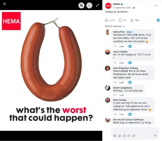Screenshot van een Facebook-post van HEMA met humoristische marketing: een worst in U-vorm met de tekst 'what’s the worst that could happen?' ter gelegenheid van vrijdag de 13e, met zichtbare likes en reacties van volgers.