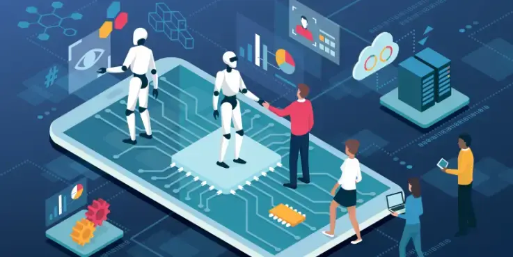 Een afbeelding van robots en mensen die samenwerken, zoals AI en webshops samenwerken