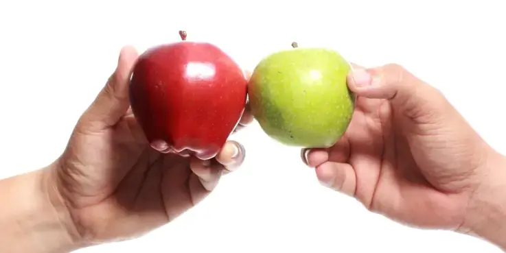 Een groene en rode appel worden vergeleken als symbool voor vergelijkingssites