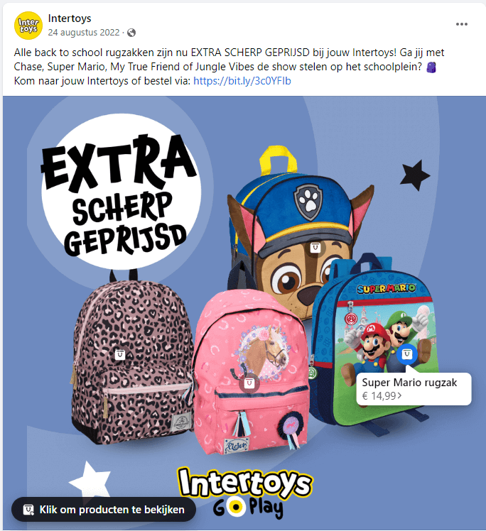 Intertoys laat op Facebook back to school-producten zien, zoals rugzakken voor school.