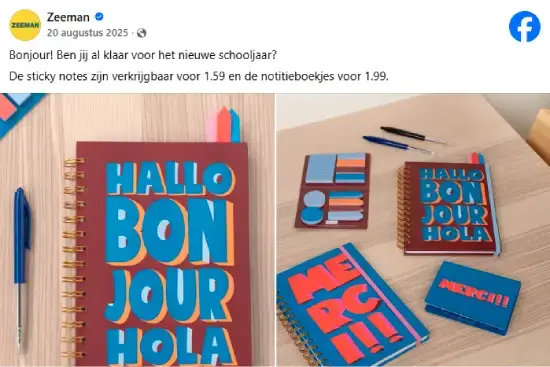 Facebookpost van Zeeman met back-to-schoolproducten op houten bureau. Te zien zijn kleurrijke notitieboekjes met teksten 'Hallo Bonjour Hola' en 'Merci', sticky notes, pennen en schriften. Promotie met prijzen voor schoolartikelen en Zeeman-logo.
