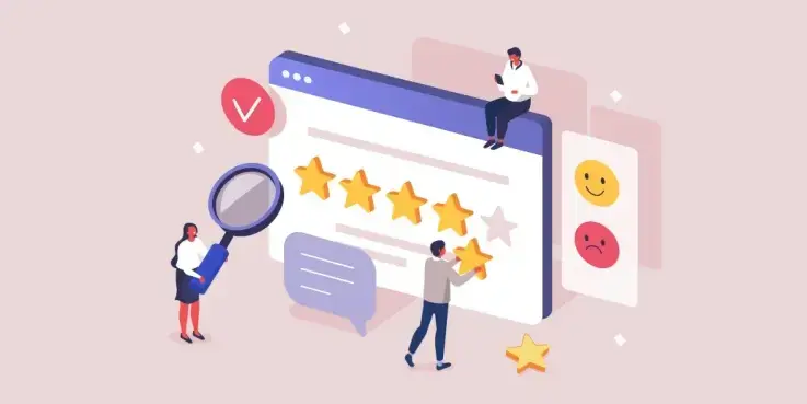 Illustratie van personen die sterren op een reviewplatform zetten