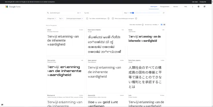 Screenshot van de Google Fonts‑website met een overzicht van verschillende lettertypen in diverse talen en stijlen, zoek- en filteropties en voorbeeldteksten, gebruikt als illustratie bij een artikel over Google Fonts, webtypografie en privacyrisico’s.