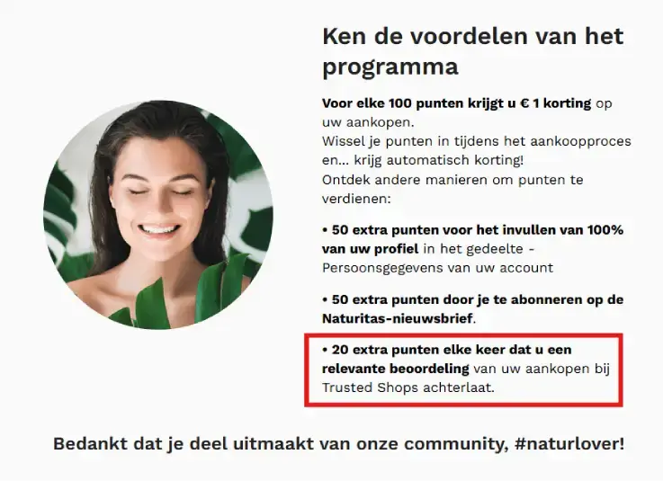Screenshot van het loyaliteitsprogramma van Naturitas met uitleg over punten sparen: €1 korting per 100 punten, extra punten voor profiel invullen, nieuwsbrief en 20 punten per review via Trusted Shops, naast een ronde portretfoto en call-to-action onderaan.