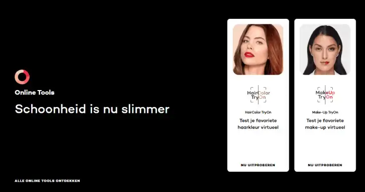 Homepage van L’Oréal Nederland met online beautytools op donkere achtergrond. Tekst 'Schoonheid is nu slimmer' en twee kaarten voor Hair Color Try On en Make‑up Try On, waarmee bezoekers haarkleur en make-up virtueel kunnen testen.
