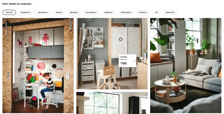 IKEA ideeën- en inspiratiepagina met interieurfoto’s van een kinderkamer met bureau, een georganiseerde werkplek en een moderne woonkamer met bank en planten. Overzicht toont wooninspiratie per ruimte zoals slaapkamer, woonkamer en werkplek.