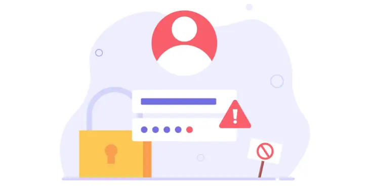 Illustratie van een klantaccount met een sleuteltje, een uitroepteken en een stopbord